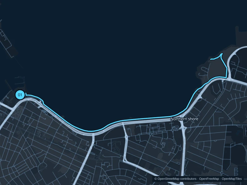 Map of the 6.7 km Sculpture & shore · northern waterfront run, with start and finish marked 01.