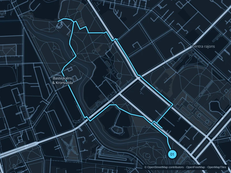 Map of the 2.3 km Canal parks · Bastejkalns & Kronvalda run, with start and finish marked 01.