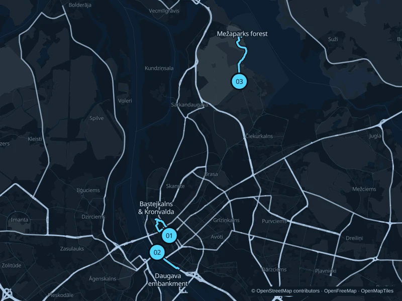 Map of Riga with three numbered running-route starts.