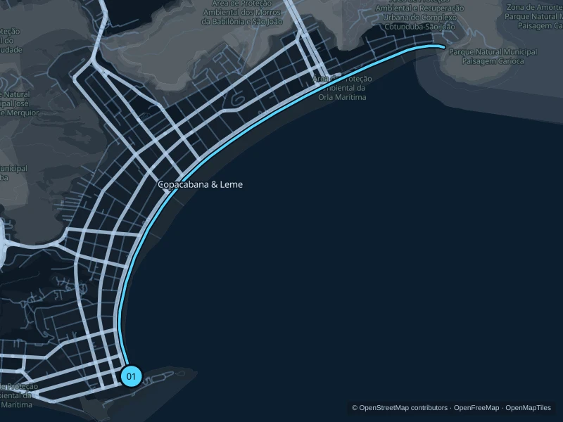 Map of the 8.1 km Copacabana · Posto 6 to Leme run, with start and finish marked 01.