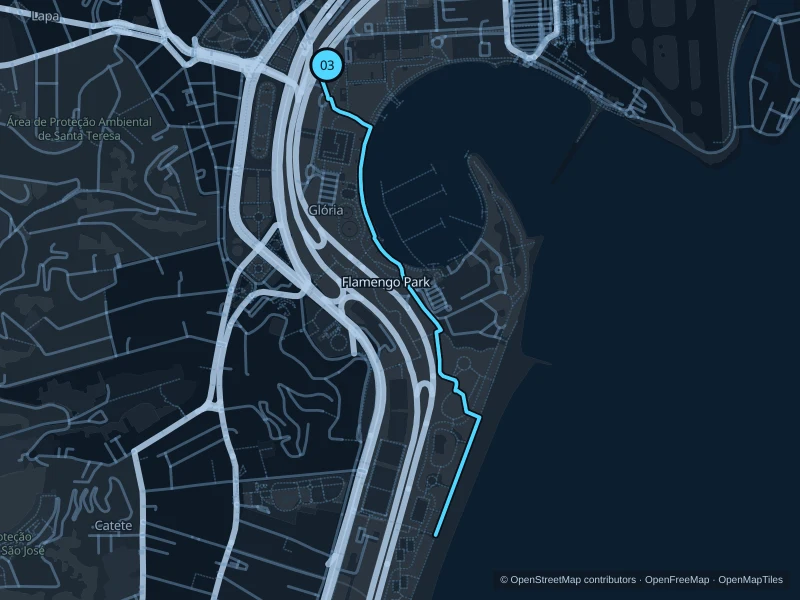 Map of the 3.4 km Parque do Flamengo · Guanabara Bay run, with start and finish marked 03.