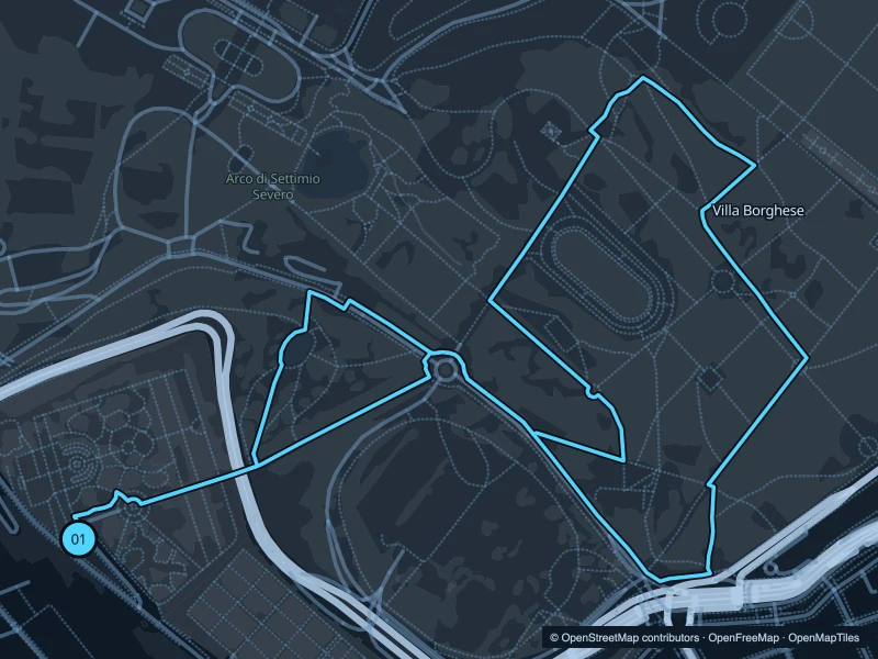 Map of the 3.7 km Villa Borghese run, with start and finish marked 01.