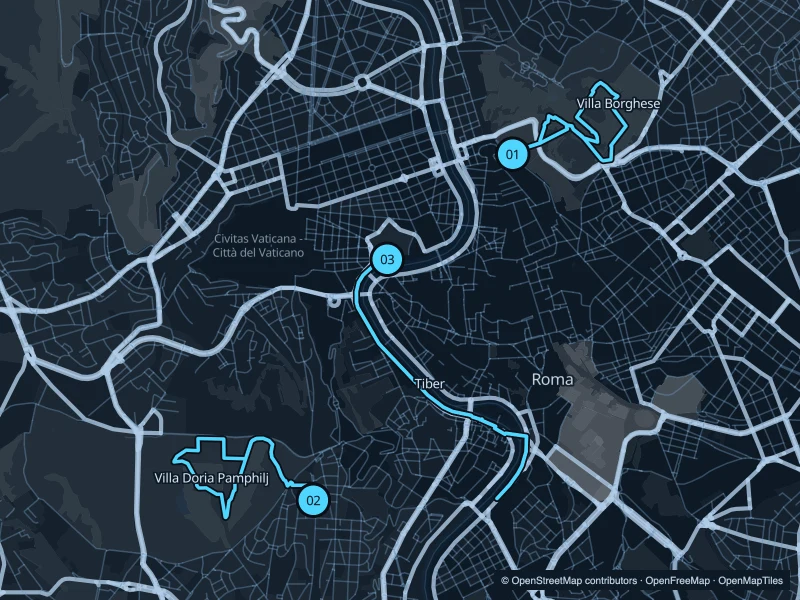 Map of Rome with three numbered running-route starts.