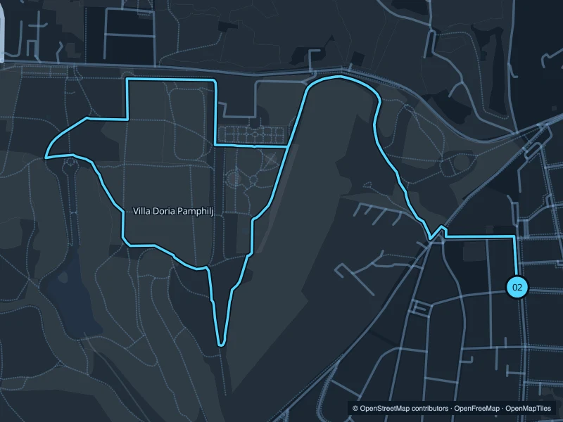 Map of the 4.5 km Villa Doria Pamphilj run, with start and finish marked 02.