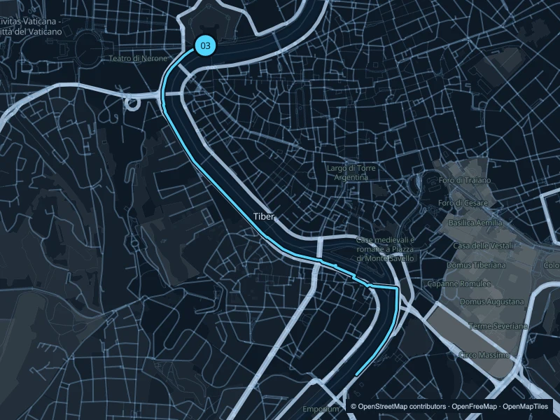 Map of the 6.2 km Tiber · Castel Sant’Angelo run, with start and finish marked 03.