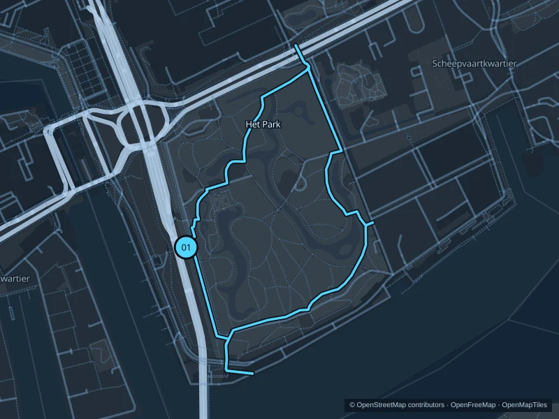Map of the 2.3 km Het Park run, with start and finish marked 01.