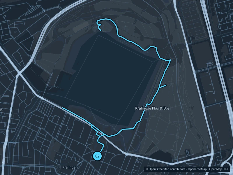 Map of the 7.8 km Kralingse Plas & Bos run, with start and finish marked 02.