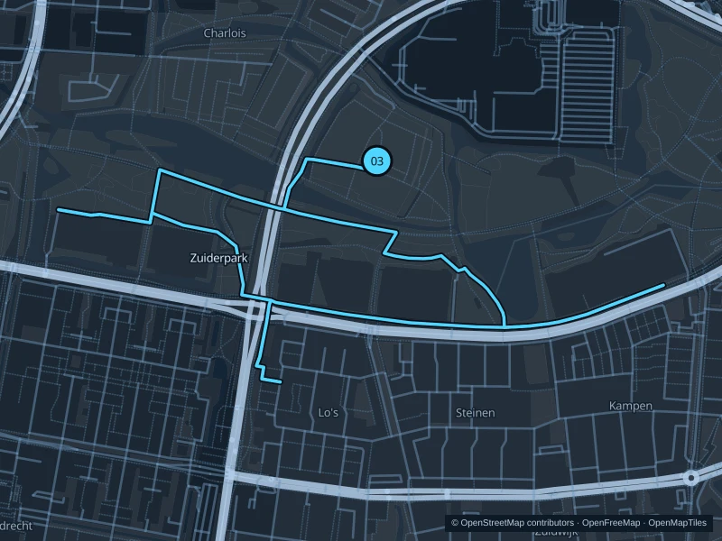 Map of the 4.6 km Zuiderpark run, with start and finish marked 03.