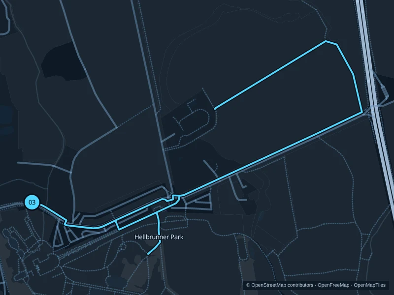 Mapa de la ruta Parque de Hellbrunn, de 3,0 km, con inicio y llegada marcados como 03.