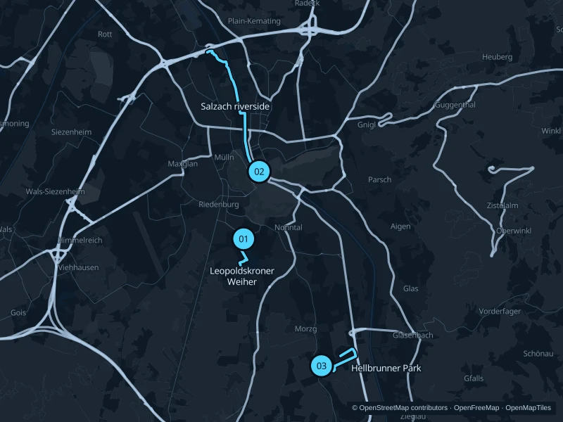 Mapa de Salzburgo con tres puntos de inicio numerados.