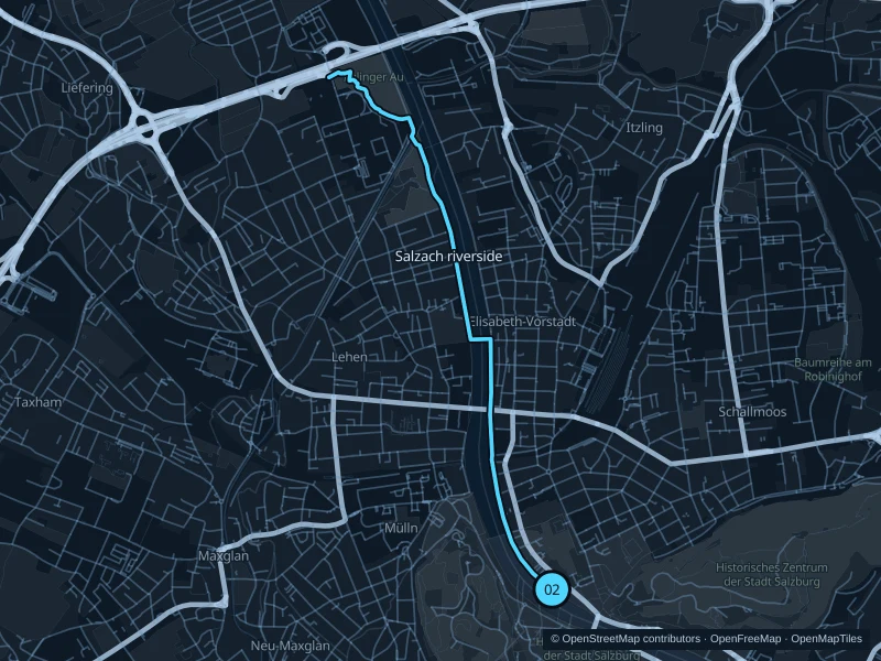 Mapa de la ruta Salzach · de Makartsteg a Lehen, de 6,6 km, con inicio y llegada marcados como 02.