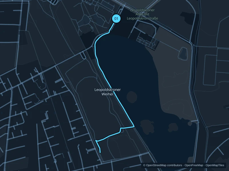 Mapa de la ruta Leopoldskroner Weiher de 1,6 km, con inicio y llegada marcados como 01.