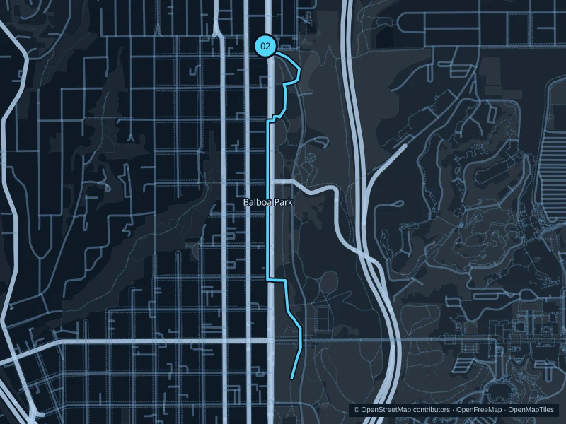 Map of the 3.0 km Balboa Park · West Mesa run, with start and finish marked 02.