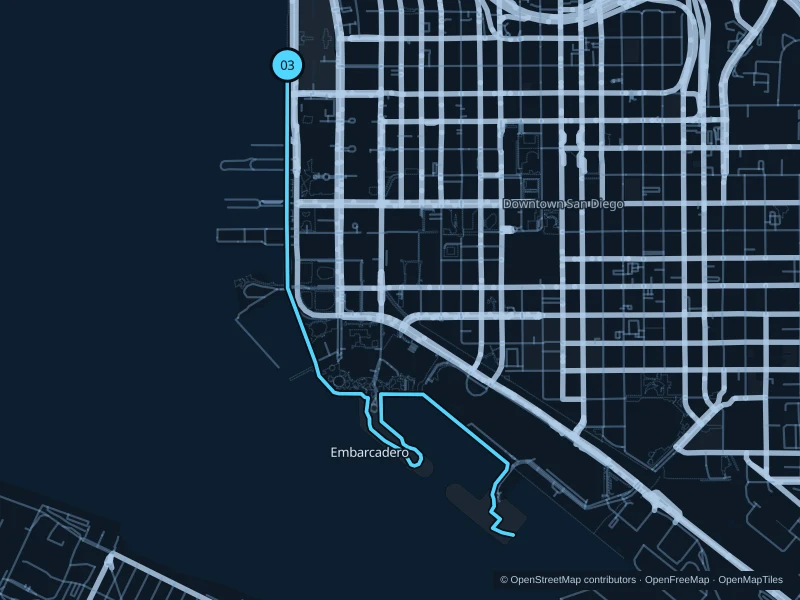 Map of the 6.8 km Embarcadero · Waterfront Park to Marina Park run, with start and finish marked 03.