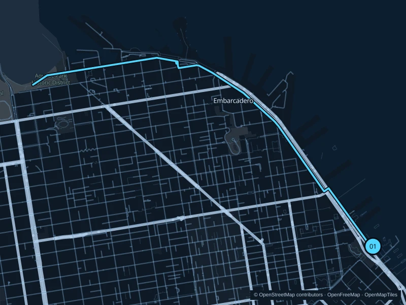 Map of the 6.9 km Embarcadero run, with start and finish marked 01.