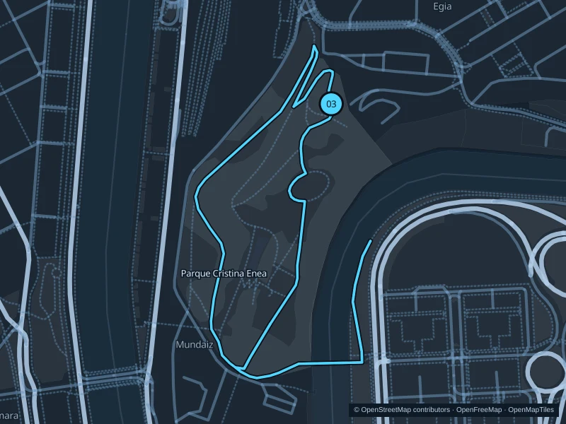 Mapa de la ruta Parque Cristina Enea, de 2,4 km, con inicio y llegada marcados con el 03.