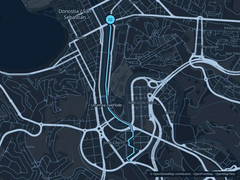 Mapa de la ruta Ribera del Urumea, de 5,0 km, con inicio y llegada marcados con el 02.