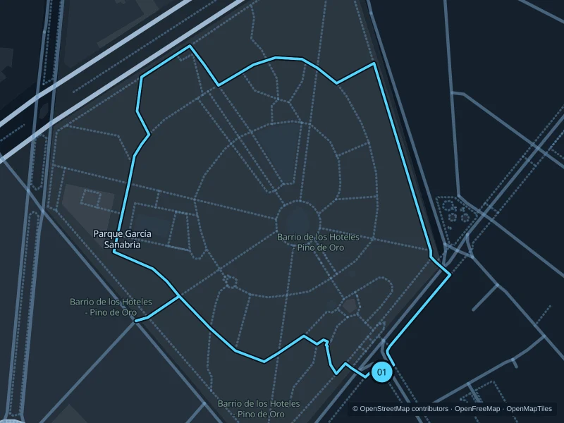 Karte der 1,8 km langen Strecke Parque García Sanabria · zwei Runden, Start und Ziel sind mit 01 markiert.