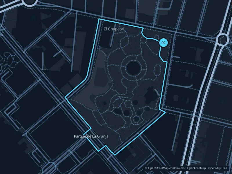 Karte der 2,5 km langen Strecke Parque de La Granja · zwei Runden, Start und Ziel sind mit 02 markiert.