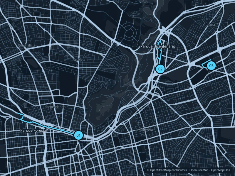 Mapa de Santiago de Chile con tres puntos de salida numerados para correr.