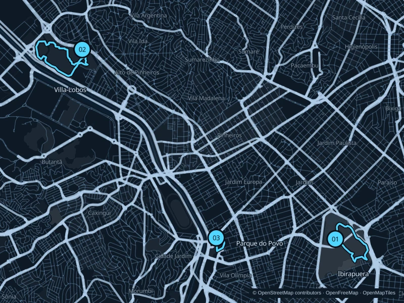 Map of São Paulo with three numbered running-route starts.
