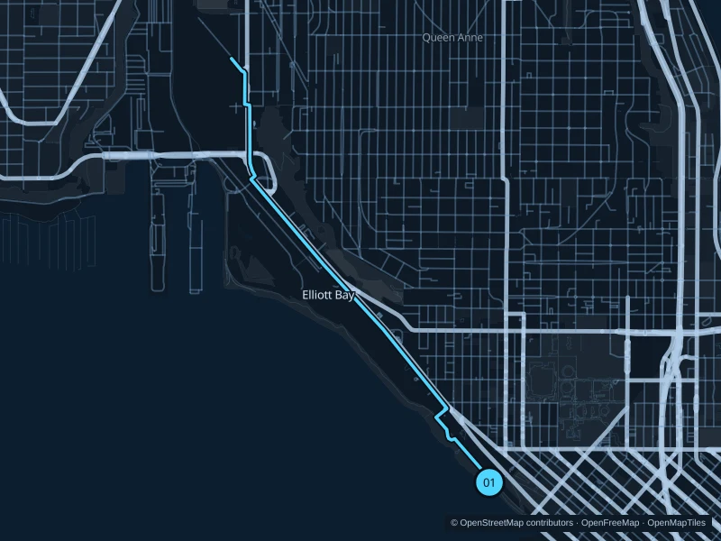 Karte der 6,2 km langen Laufstrecke Elliott Bay · Myrtle Edwards bis Smith Cove, Start und Ziel mit 01 markiert.