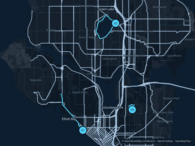 Karte von Seattle mit drei nummerierten Startpunkten für Laufstrecken.