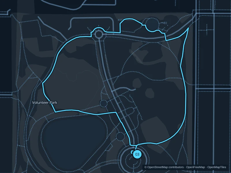 Karte der 1,3 km langen Laufstrecke Volunteer Park, Start und Ziel mit 03 markiert.