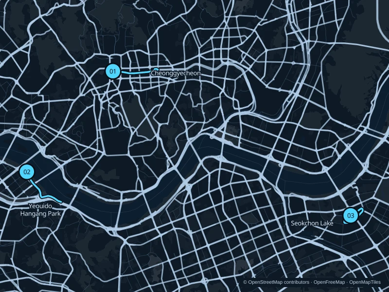 Mapa de Seúl con tres puntos de inicio numerados para correr.