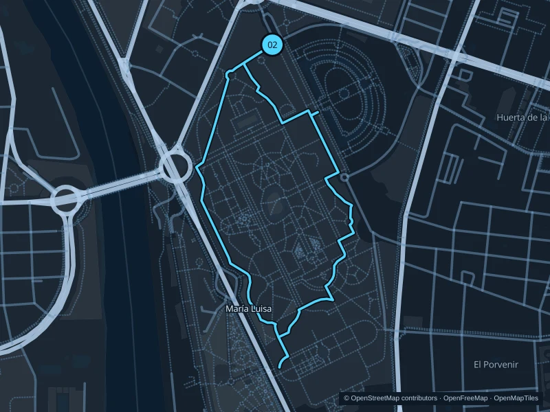 Map of the 2.1 km Parque de María Luisa run, with start and finish marked 02.