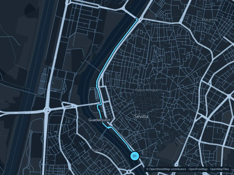 Map of the 6.2 km Guadalquivir · eastern bank run, with start and finish marked 01.