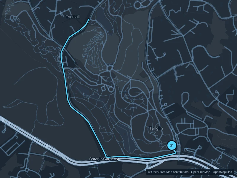 Mapa de la ruta de 3,1 km por Singapore Botanic Gardens, con inicio y final marcados con 01.