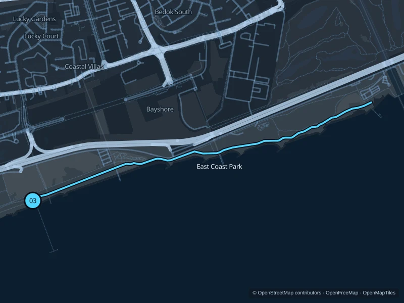 Mapa de la ruta de 4,9 km por East Coast Park, con inicio y final marcados con 03.