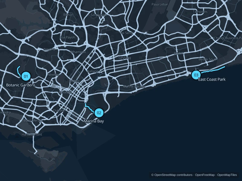 Mapa de Singapur con tres puntos de inicio numerados para correr.