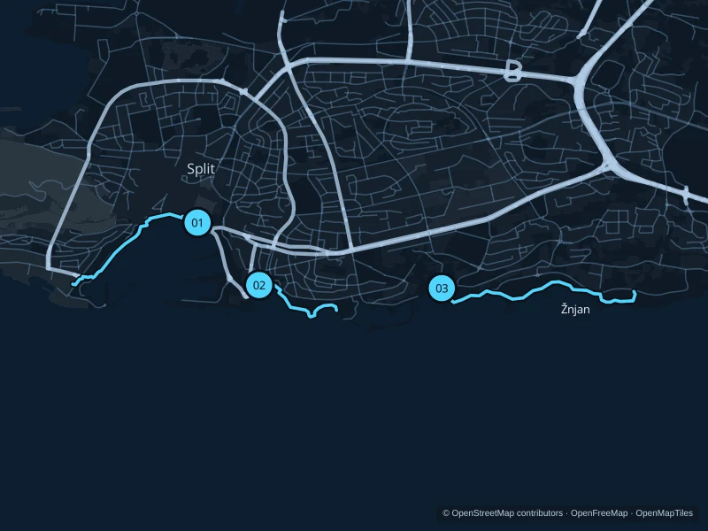 Mapa de Split con tres salidas numeradas junto a la costa.