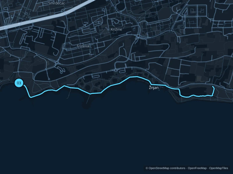 Mapa del recorrido Trstenik · frente marítimo de Žnjan de 4,0 km, con salida y llegada en el punto 03.