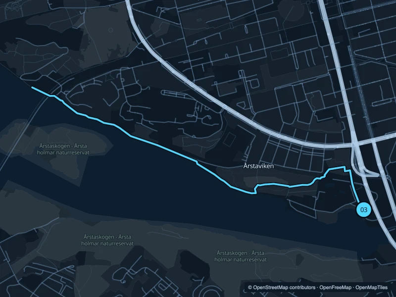 Mapa de la ruta Årstaviken de 4,7 km, con inicio y final 03.
