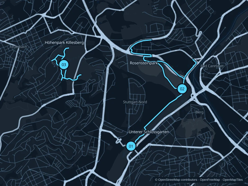 Map of Stuttgart with three numbered running-route starts.