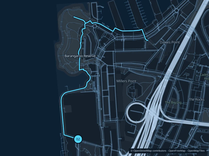 Karte der 2,8 km langen Laufroute Barangaroo Reserve, Start und Ziel sind mit 02 markiert.