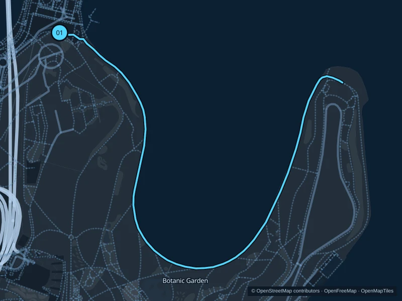 Karte der 2,8 km langen Laufroute am Uferweg des Royal Botanic Garden; Start und Ziel sind mit 01 markiert.