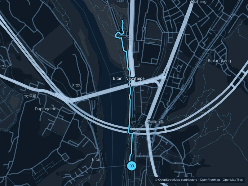 Map of the 2.3 km Bitan · New Taipei river outing run, with start and finish marked 03.