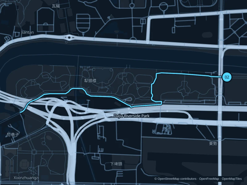 Map of the 4.0 km Dajia · left-bank park paths run, with start and finish marked 02.