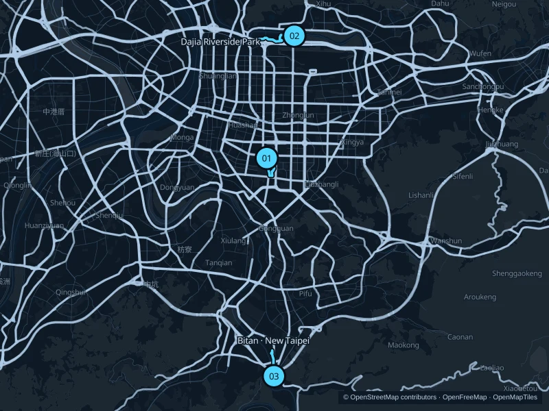 Map of Taipei with three numbered running-route starts.