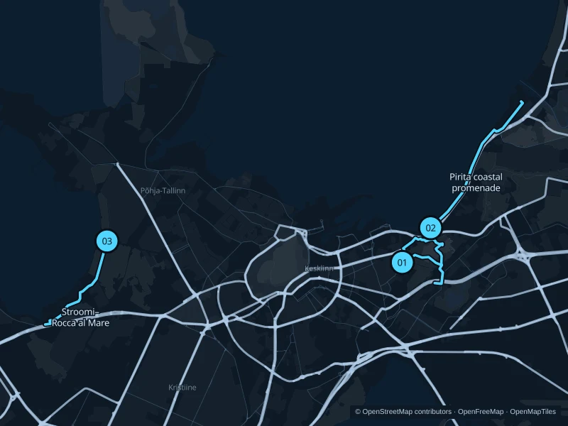Map of Tallinn with three numbered running-route starts.