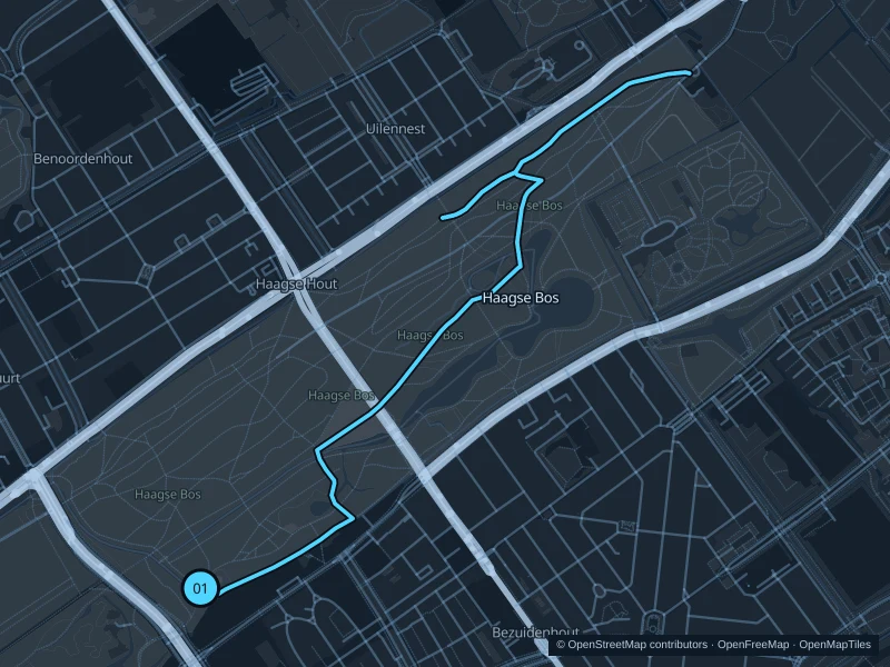 Map of the 5.1 km Haagse Bos run, with start and finish marked 01.