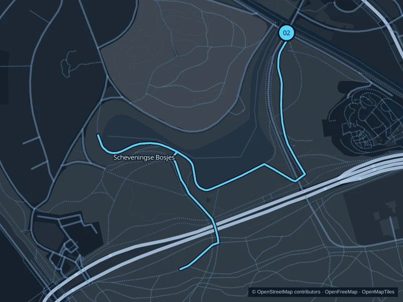 Map of the 3.0 km Scheveningse Bosjes run, with start and finish marked 02.