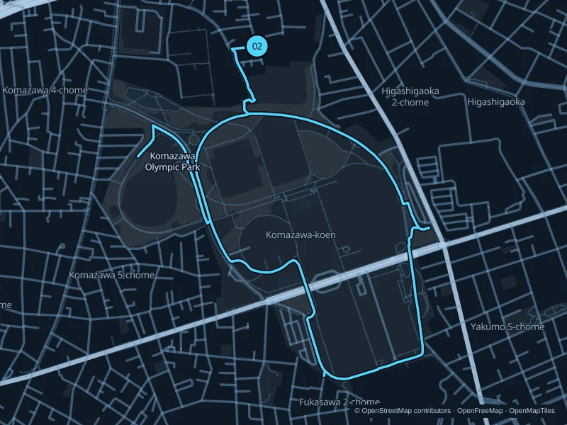 Mapa de la ruta de 3,6 km por Komazawa Olympic Park, con inicio y final marcados con 02.