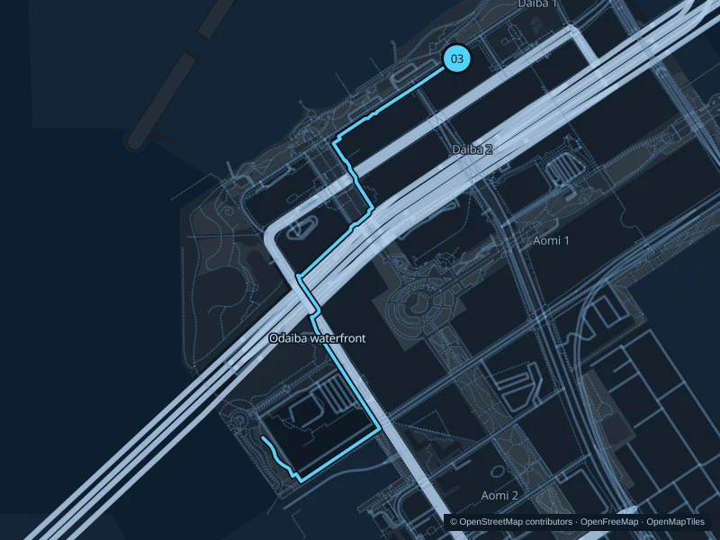 Mapa de la ruta de 3,7 km por Odaiba waterfront, con inicio y final marcados con 03.
