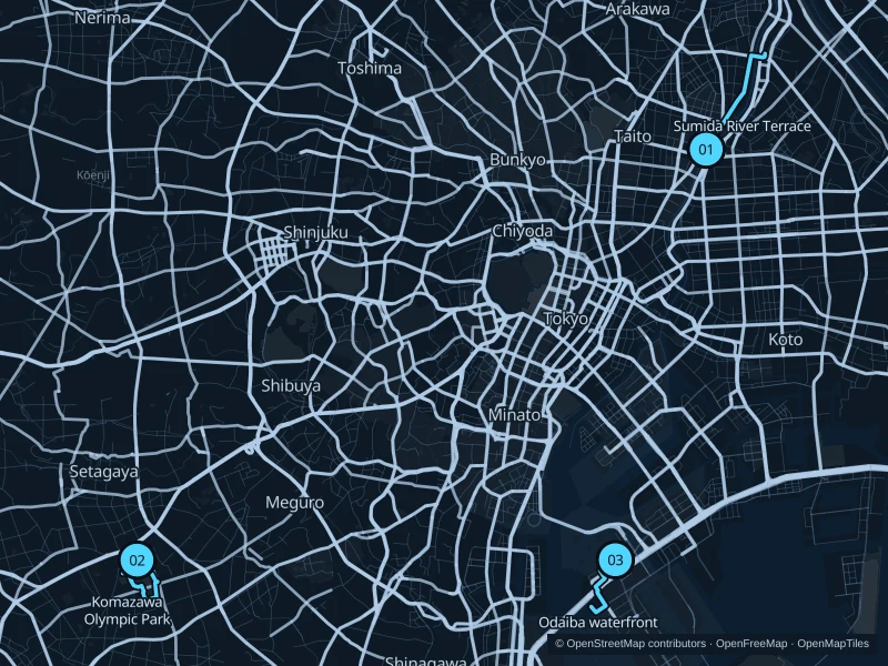 Mapa de Tokio con tres puntos de inicio numerados para correr.