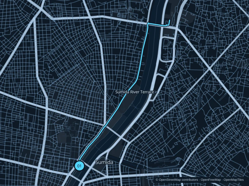 Mapa de la ruta de 5,5 km por Sumida River Terrace, con inicio y final marcados con 01.